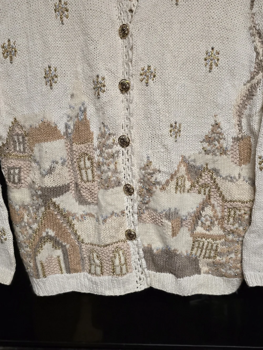 Marisa Christina Rare Cream & Beige Xmas Winter Village Embroidered Cardigan L